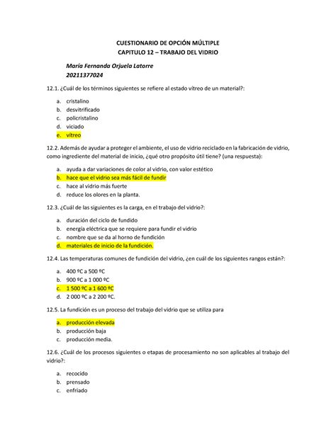 Capitulo 12 Trabajo DEL Vidrio CUESTIONARIO DE OPCIÓN MÚLTIPLE