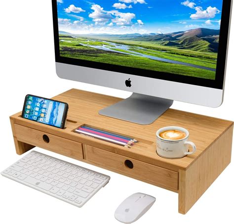 Monitor Stand Riser With Drawers Bamboo Desk Shelf Organizer X