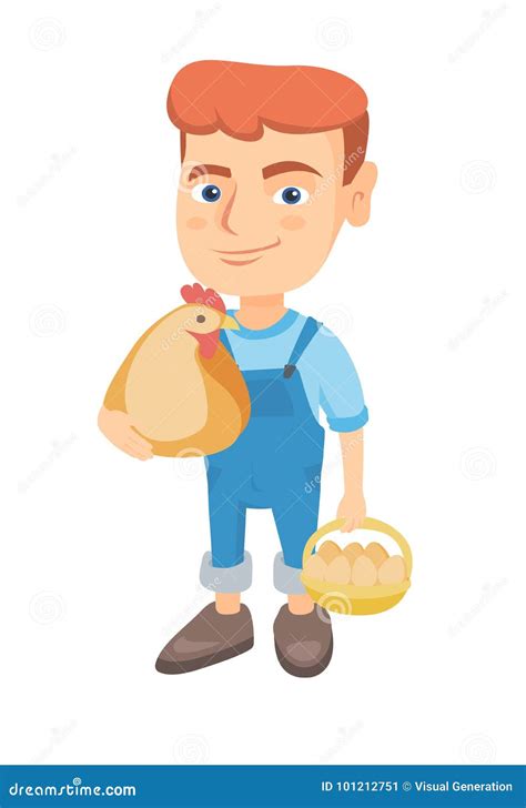 Caucasian Boy Holding A Chicken And Hen Eggs Stock Vector
