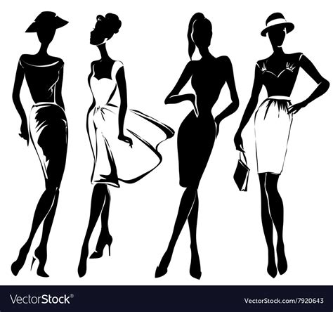 Black And White Retro Fashion Models In Sketch Vector Image