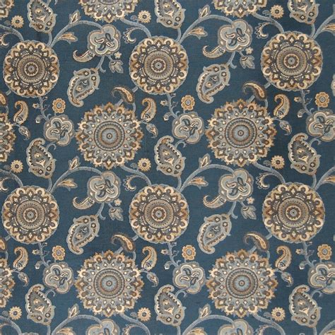 Federal Blue Floral Jacquard Upholstery Fabric By The Yard G0390