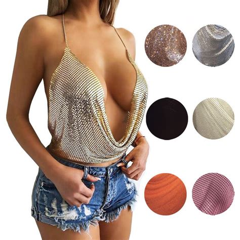 Fashion Rose Gold Nightclub Camis See Through Deep V Halter Top Metal