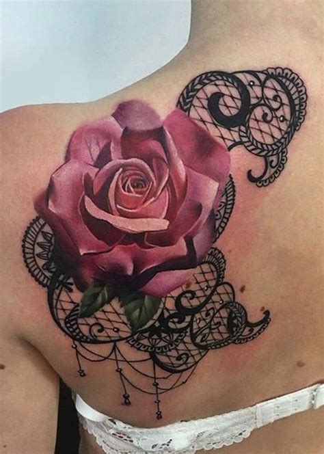 Pink Rose Shoulder Tattoo Ideas Black Lace Shoulder Tat At Mybodiart