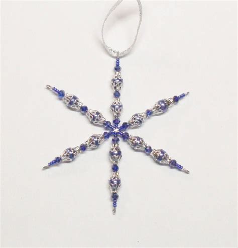 Handmade Beaded Snowflake Ornament Decoration In Blue And Silver