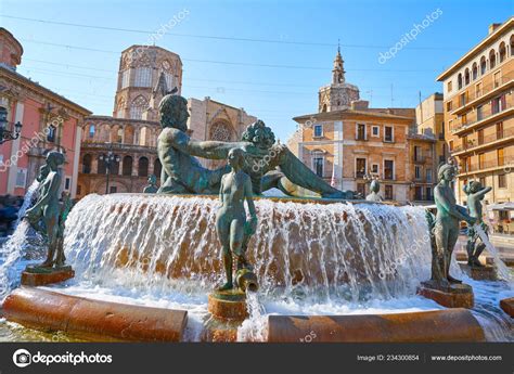 Valencia Turia River Fountain Plaza Virgen Square Spain Stock Photo