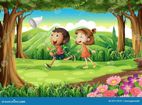Niños Que Juegan En El Bosque Ilustración Del Vector Ilustración De Humanos Nubes 39117079
