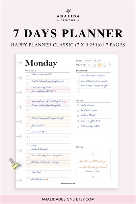 7 Day Planner Printable Happy Planner Classic Insert Daily Etsy Day