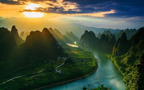 Landscape Nature Mountain River Sun Rays Village China Sunset