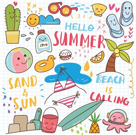 Premium Vector Summer Kawaii Doodle Set