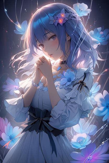 Premium Ai Image Anime Girl With Blue Hair And A Flower Background
