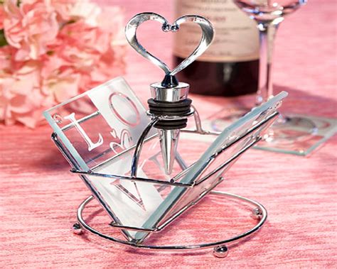 Love Design Glass Coasters And Heart Wine Bottle Stopper Favor
