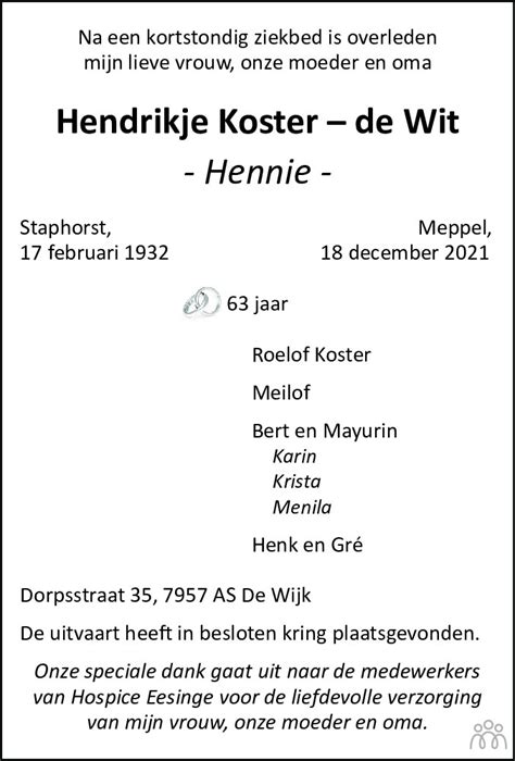 Hendrikje Hennie Koster De Wit 18 12 2021 Overlijdensbericht En