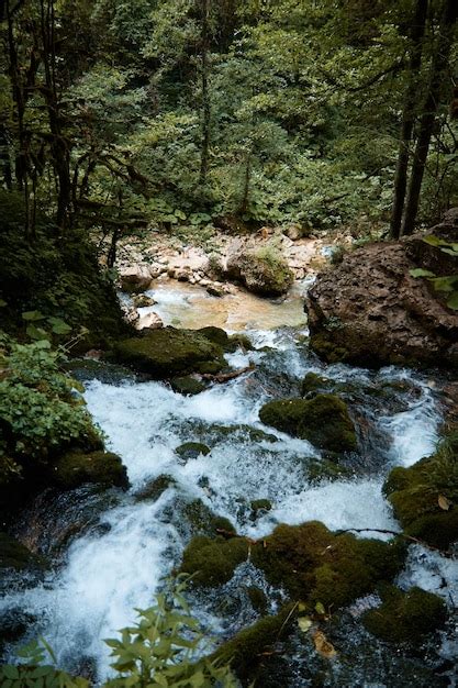 A Waterfall Makes Its Way Through Stones In Forest Green Trees And