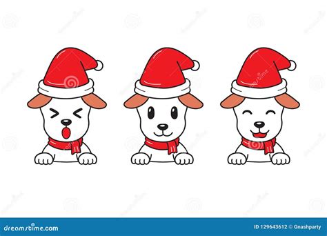 Vector Cartoon Cute Dog With Santa Claus Christmas Hat Set Stock Vector