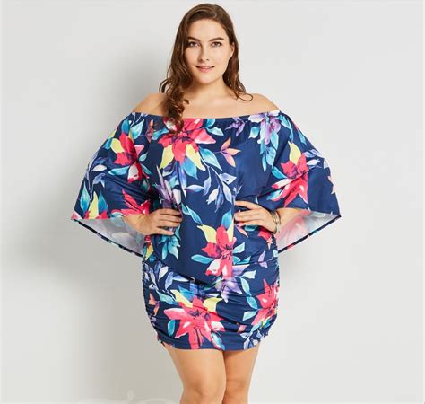 Plus Size Xl 4xl Fashion Cloak Sleeve Slash Neck Elegant Floral Bodycon Dress Women Big Size