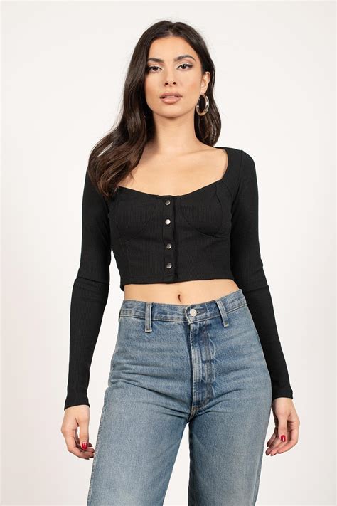 Tobi Crop Tops Womens Peoria Black Ribbed Button Up Top Black TheiPodTeacher