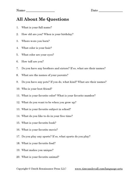 All About Me Questions Printable Tims Printables