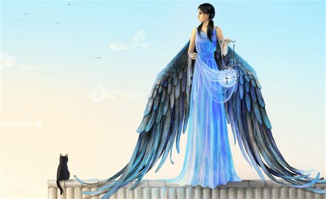 Wallpaper Cat Anime Wings Angel Blue Statue Girl Wing Gown