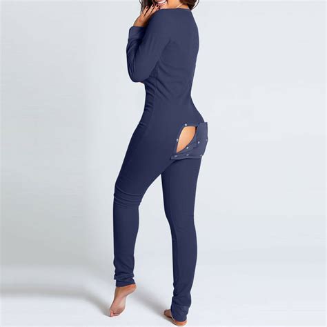 Sexy Pyjama Jumpsuit With Butt Flap Ladies Sleepsuit Onezee Soild