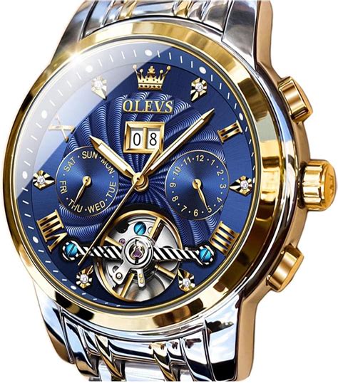 Olevs Men Automatic Watch Skeleton 5 Hands Mechanical Blue