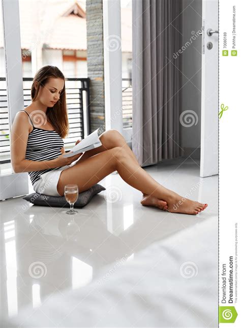 Reading Books Woman Enjoying Book Home Recreation Leisure Activity Stock Image Image Of