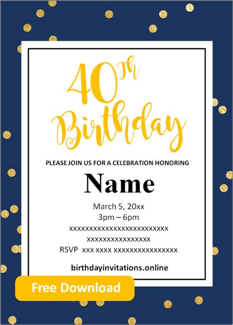 Free Printable 40th Birthday Invitations Templates Party Invitation
