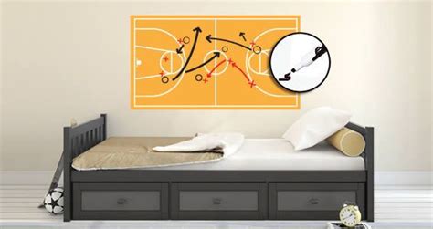 A Bedroom With A Bed And A Basketball Court Wall Decal On The Wall Above It