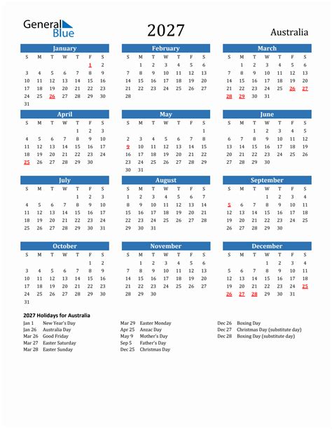 2027 Australia Calendar With Holidays