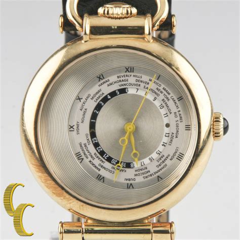 Bijan 18k Yellow Gold 24 Hour Off Center Automatic Watch W Leather