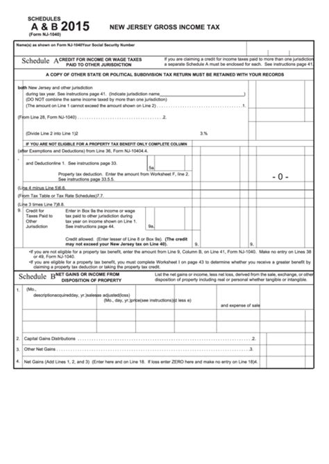 Fillable Schedules A And B Form Nj 1040 New Jersey Gross Income Tax