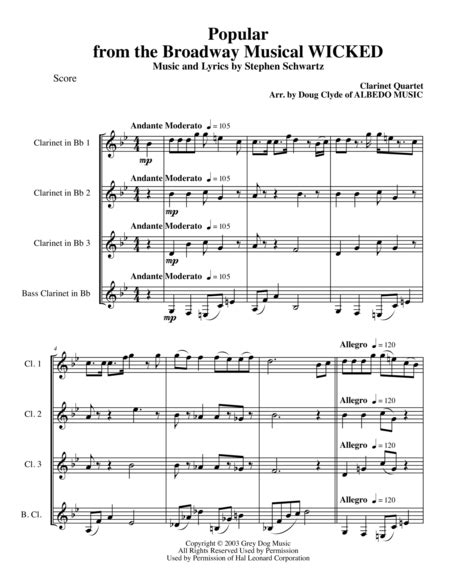 Popular From The Broadway Musical Wicked For Clarinet Quartet Sheet Music Plus