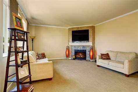Living Room Interior With Fireplace And Two Comfortable Sofas Stock