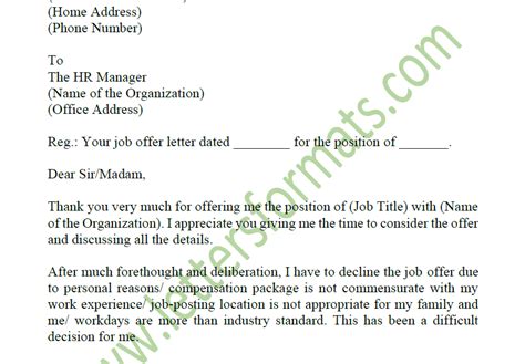 Refusal Letter From Candidate Rejecting Job Offer Due To Salary