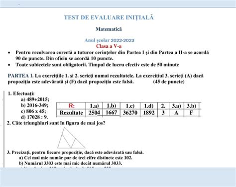 Clasa A V A Test Initial La Matematica Cu Rezolvare Programa In