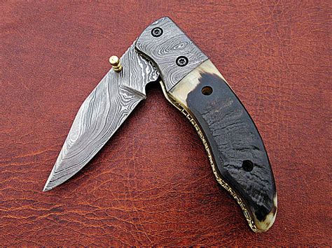 Damascus Pocket Knives Ram Horn Handle