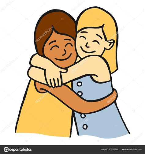 Cartoon Style Vector Illustration Two Young Girls Friends Hugging