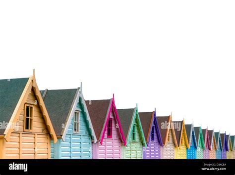 Mersea Essex Row Of Brightly Coloured Traditional Beach Hut Stock