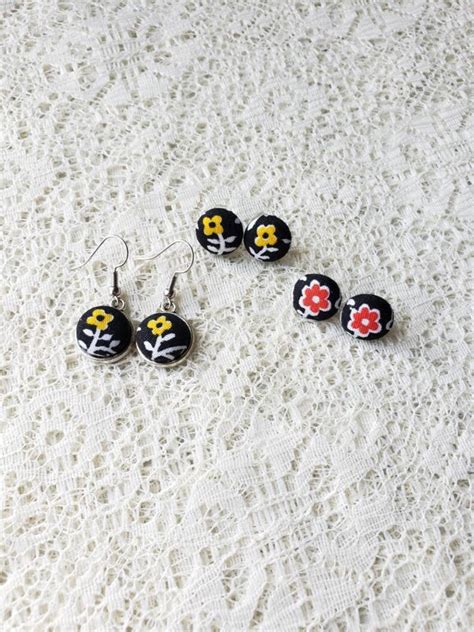 Vintage Earrings Vintage Floral Fabric Button Earrings Etsy