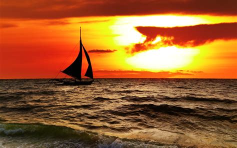 Sea Ocean Boat Yacht Sky Clouds Sunset Orange Landscapes Nature Earth Beaches