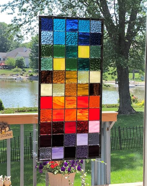 Stained Glass Window Panel Geometric Rainbow Squares Stained Etsy