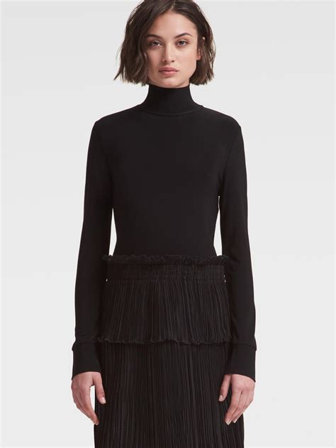 Donna Karan Turtleneck Sweater Dress With Pleated Skirt In Black Modesens