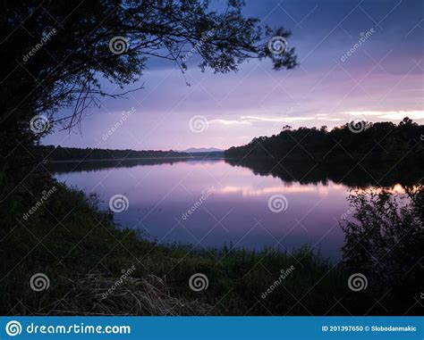 A Beautiful Summer Landscape Of A Calm River With Reflection And A Tree