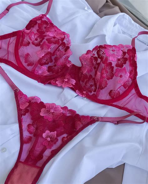 Lace Sexy Sheer Pink Lingerie See Through Floral Underwear Set Etsy