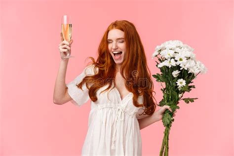 Excited And Carefree Good Looking Redhead Woman Celebrating Bachelorette Party Scream Yeah With