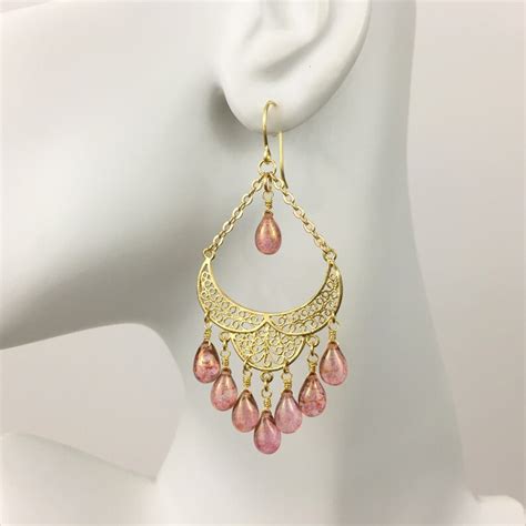 Beaded Chandelier Earrings Gold Filigree Gypsy Earrings Pink Etsy
