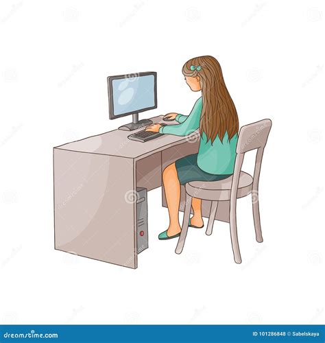 Vector Flat Girl Using Pc Sitting At Desktop Stock Vector