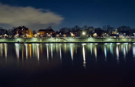 Beautiful Promenade In Krakow At Night City Landscape Stock Photo