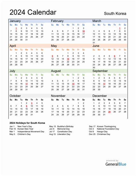 2024 South Korea Calendar With Holidays