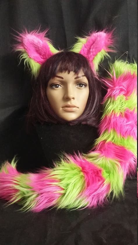 Cheshire Cat Ears And Tail In Hot Pink And Electric Lime Etsy