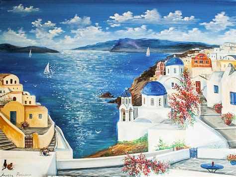 Santorini Greece Original Landscape Canvas Art Seascape Painting Greek